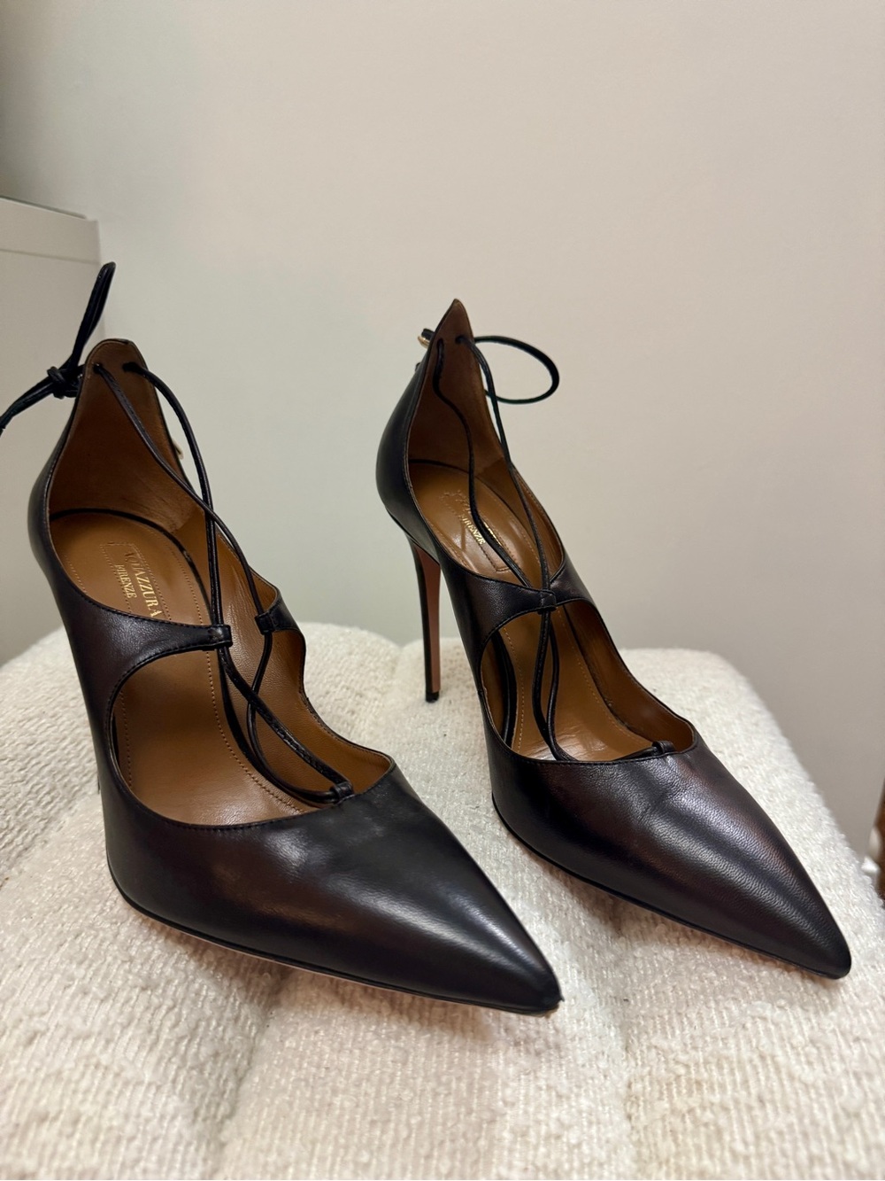 Aquazzura Black Pointed Leather Lace-Up Stiletto Pumps